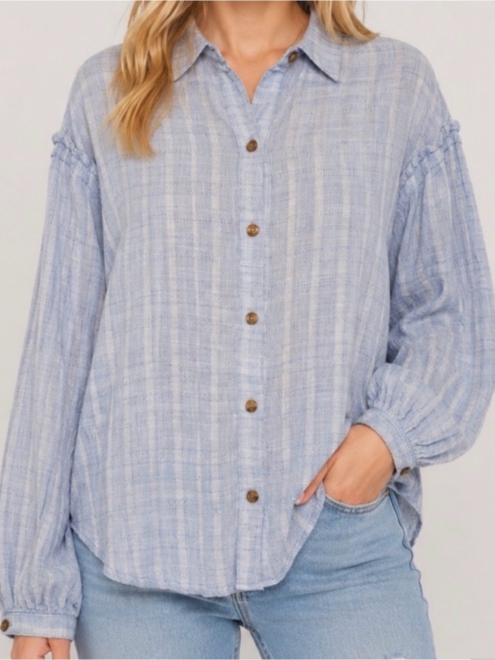 #931 FREE PEOPLE Headed to the Highlands Light Blue Striped Button-Down Shirt